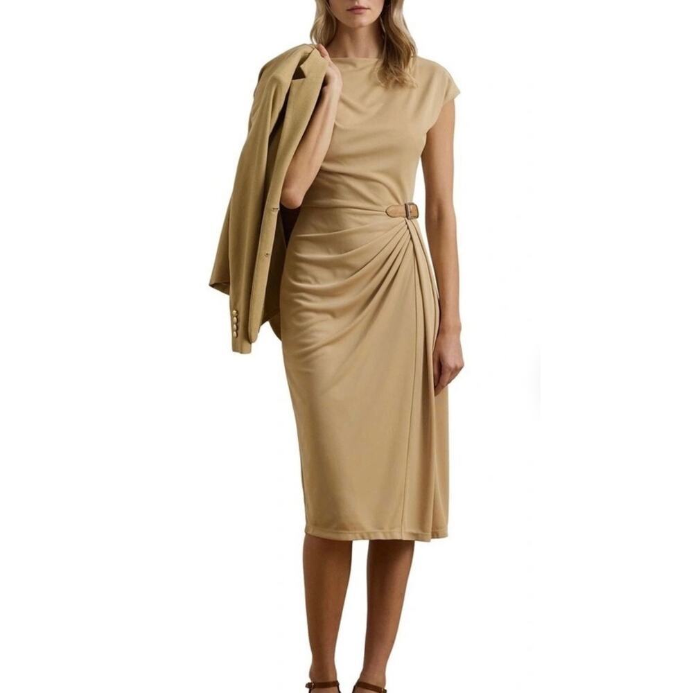 Lauren Ralph Lauren Buckle Trim Jersey Boatneck Dress Beige Womens 12 Cap Sleeve